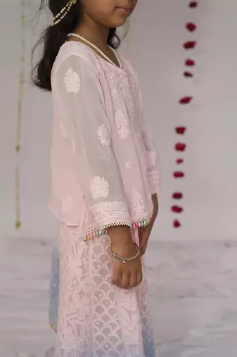 Pink and blue ombre embroidered georgette lehenga set
