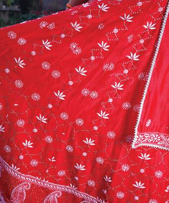 Red embroidered chanderi lehenga set 4