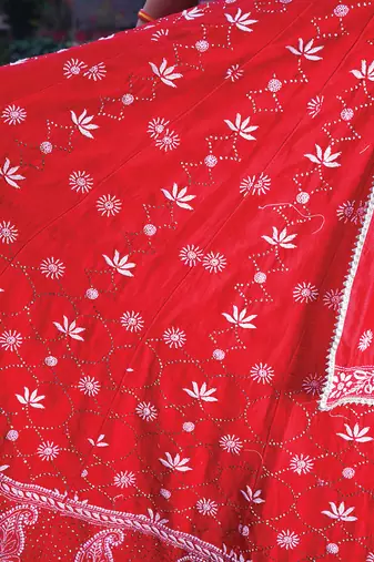 Red embroidered chanderi lehenga set