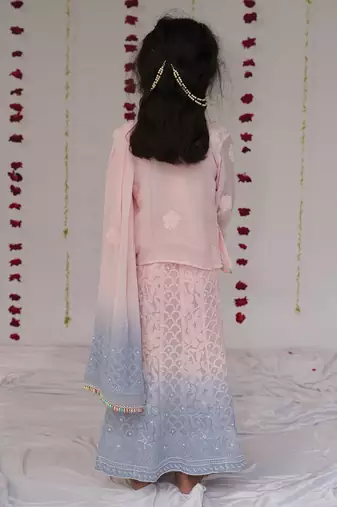 Pink and blue ombre embroidered georgette lehenga set