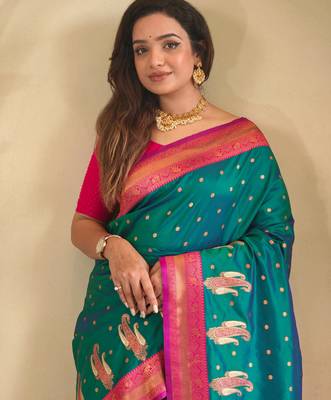 Teal art silk  woven saree 4