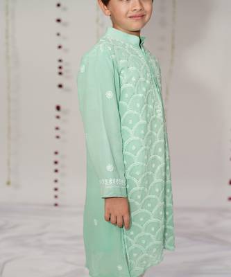 Sea green embroidered georgette kurta set 4