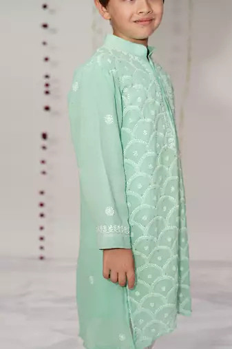 Sea green embroidered georgette kurta set