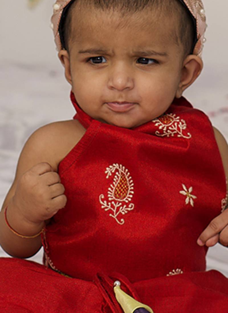 Red embroidered tissue lehenga set