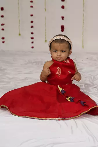 Red embroidered tissue lehenga set