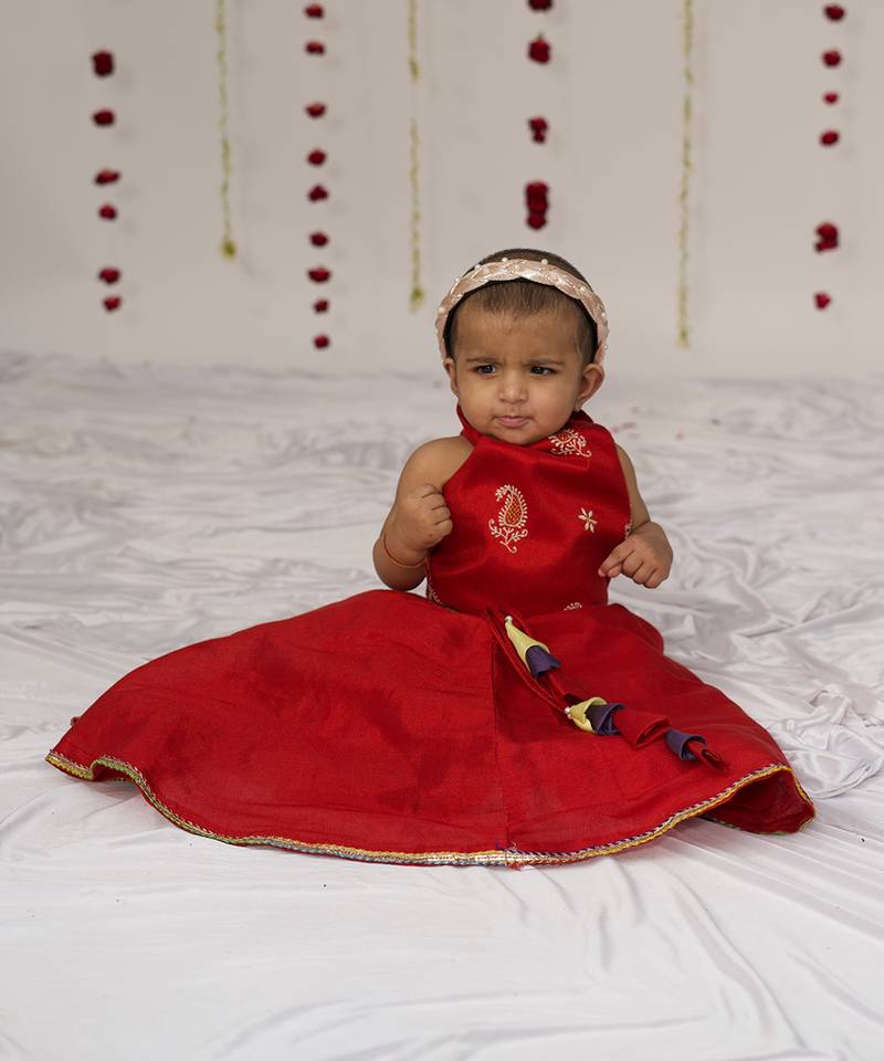 Red embroidered tissue lehenga set