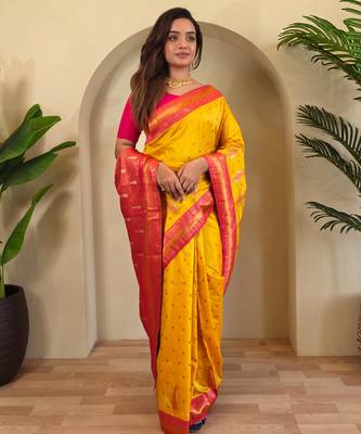 Yellow art silk  woven saree 1