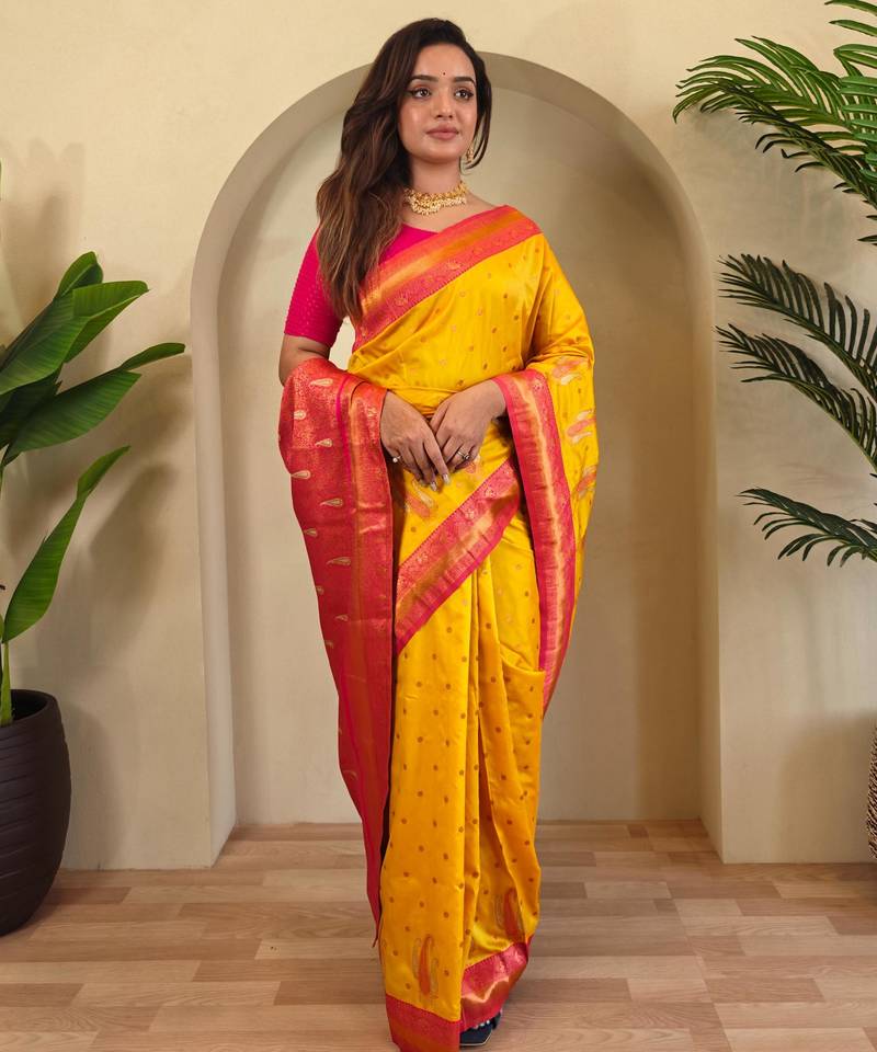 Yellow art silk  woven saree