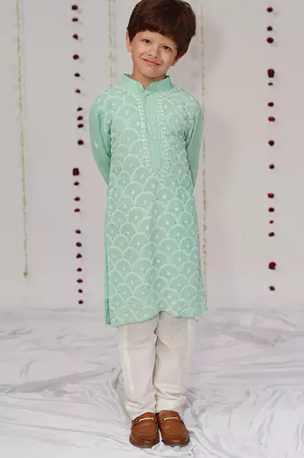 light green embroidered georgette kurta set