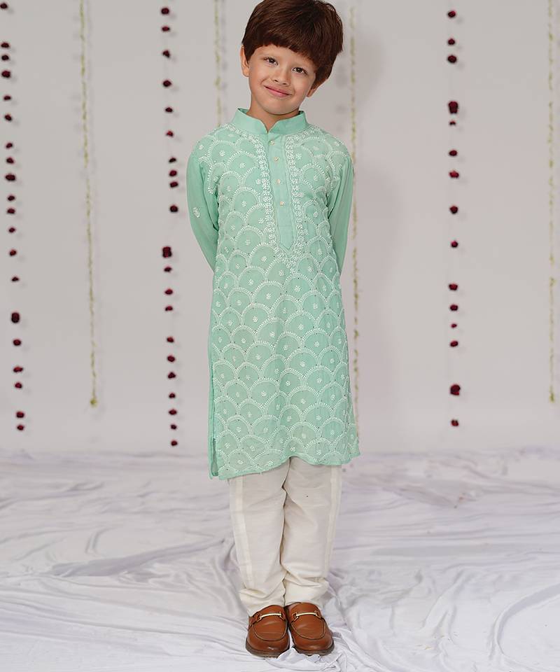 light green embroidered georgette kurta set