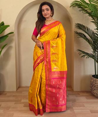 Yellow art silk  woven saree 2
