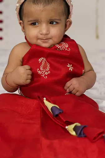 Red embroidered tissue lehenga set