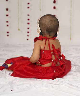 Red embroidered tissue lehenga set 3