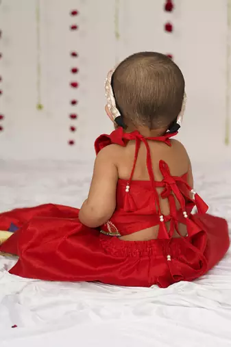 Red embroidered tissue lehenga set