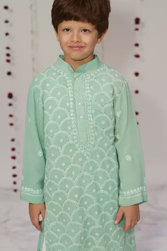 light green embroidered georgette kurta set