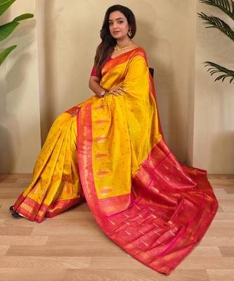 Yellow art silk  woven saree 3