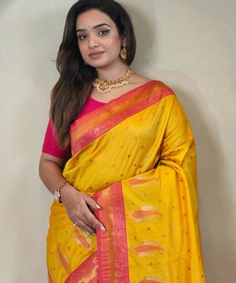 Yellow art silk  woven saree 4