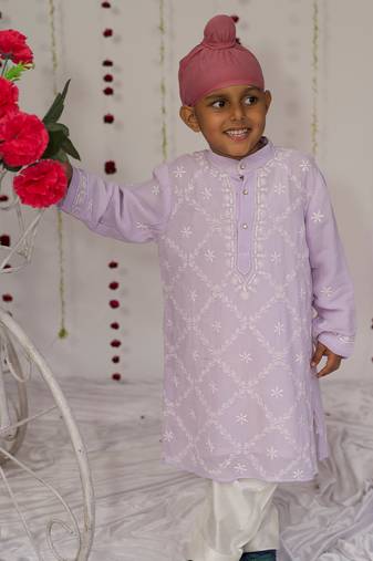 Lilac embroidered georgette kurta set