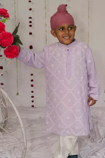 Lilac embroidered georgette kurta set