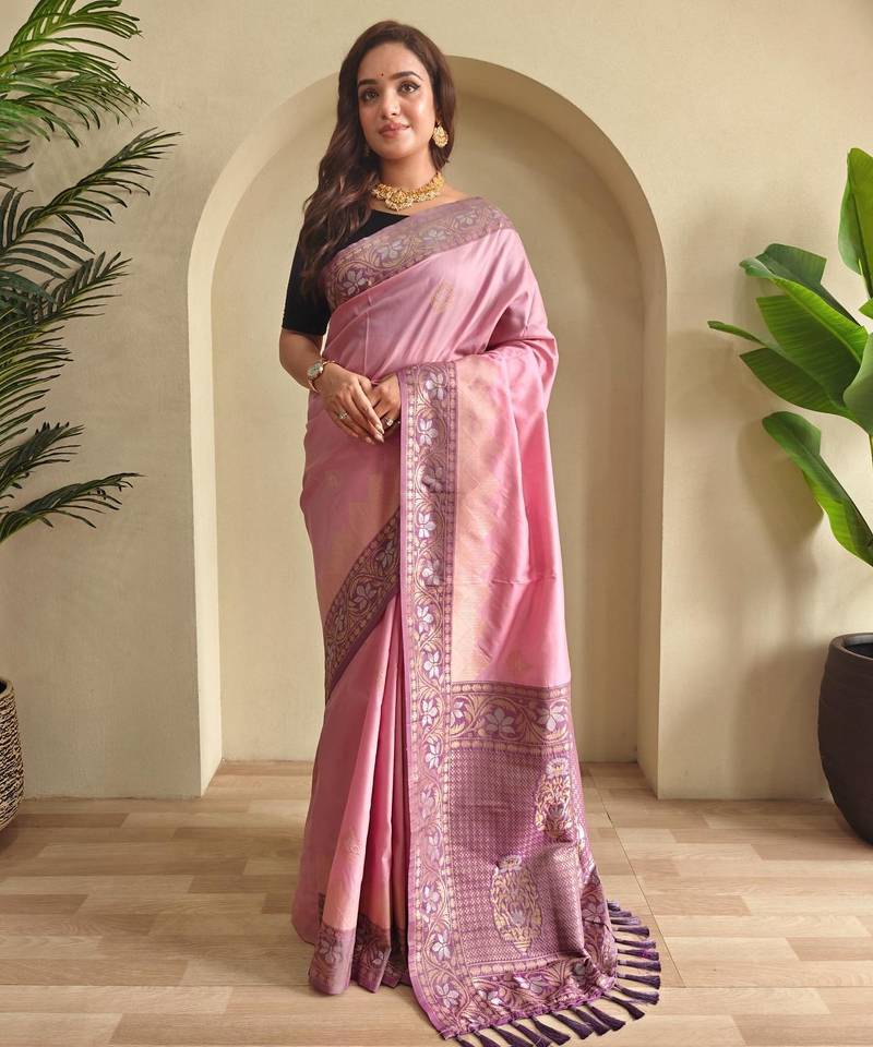 Baby pink art silk  woven saree