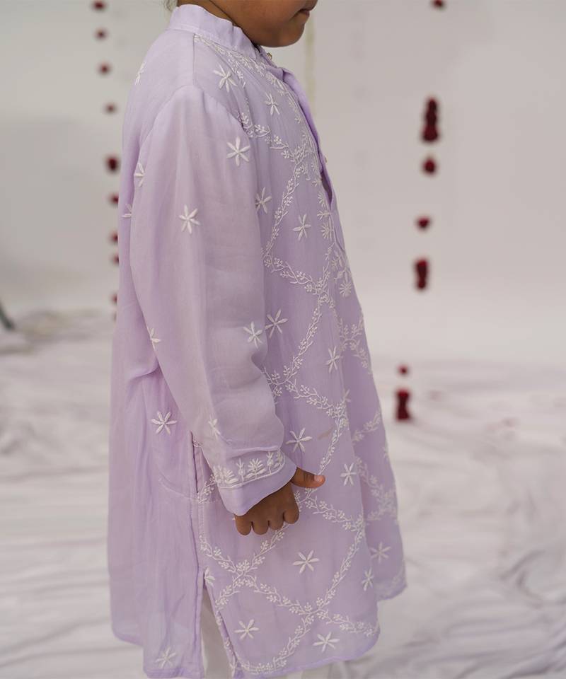 Lilac embroidered georgette kurta set