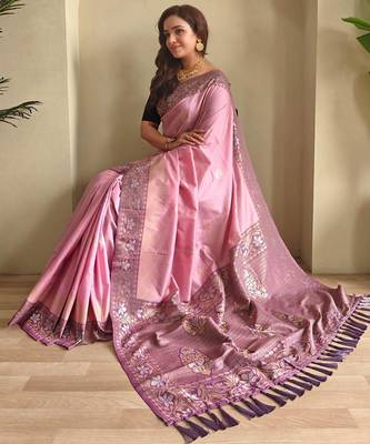 Baby pink art silk  woven saree 4