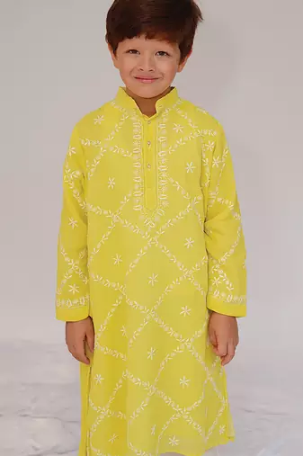Yellow embroidered georgette kurta set