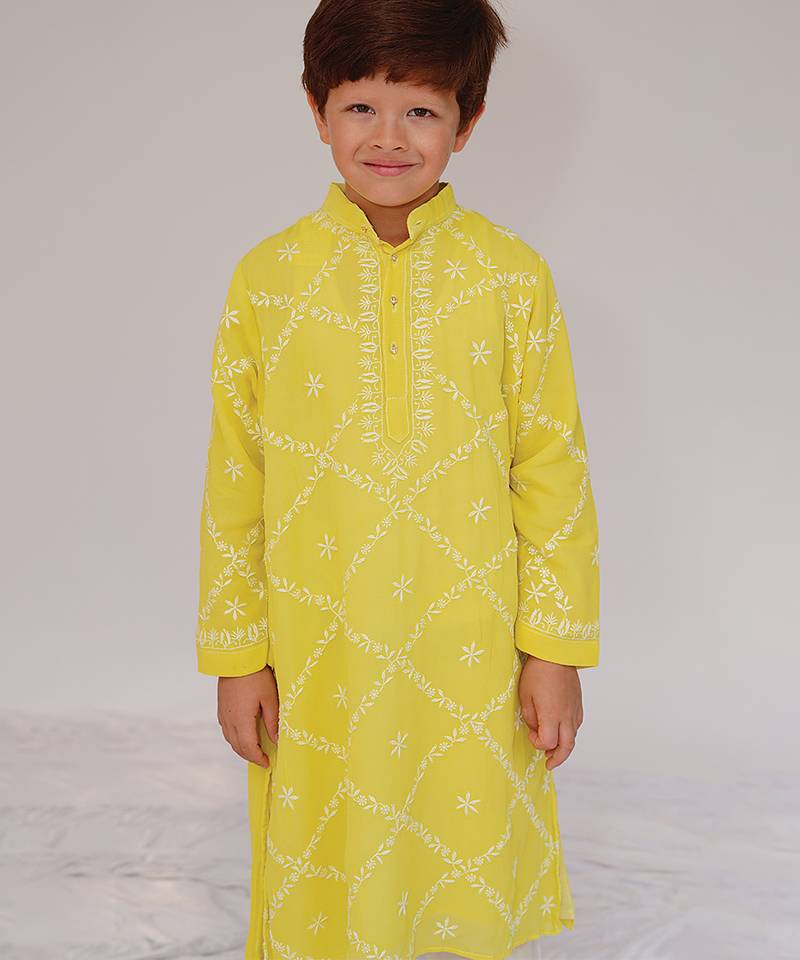 Yellow embroidered georgette kurta set