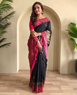 Black art silk  woven saree 1