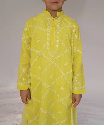 Yellow embroidered georgette kurta set 3
