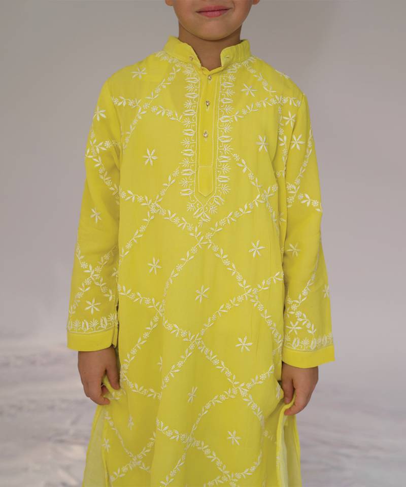 Yellow embroidered georgette kurta set