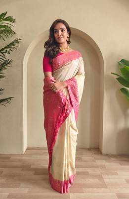 Cream art silk  woven saree 1