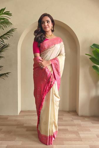 Cream art silk  woven saree