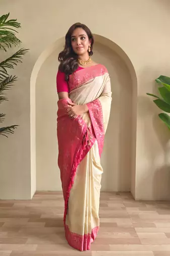 Cream art silk  woven saree
