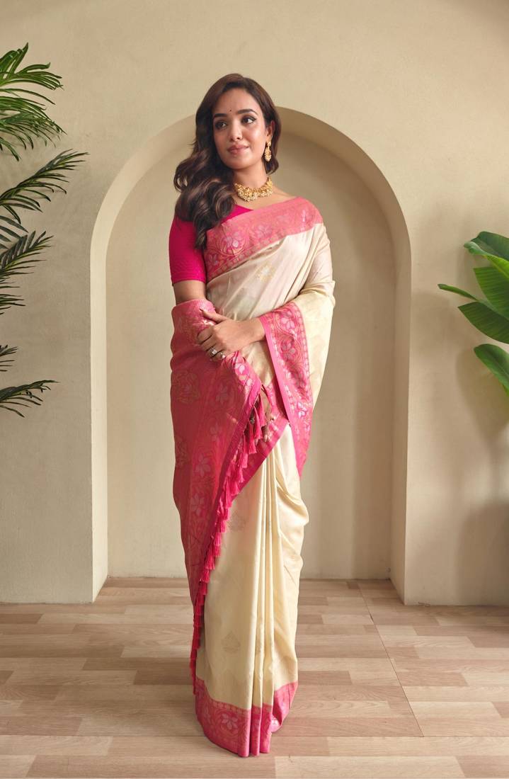 Cream art silk  woven saree