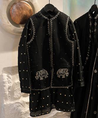 Black embroidered pure chanderi kurta jacket set 1