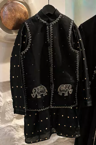 Black embroidered pure chanderi kurta jacket set