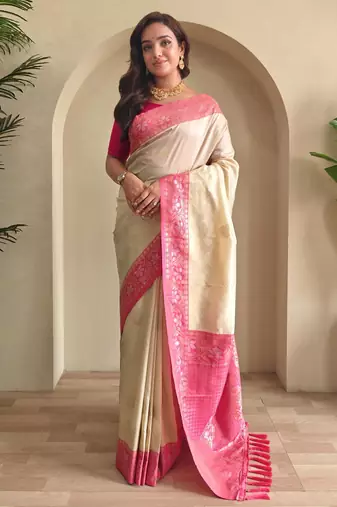 Cream art silk  woven saree