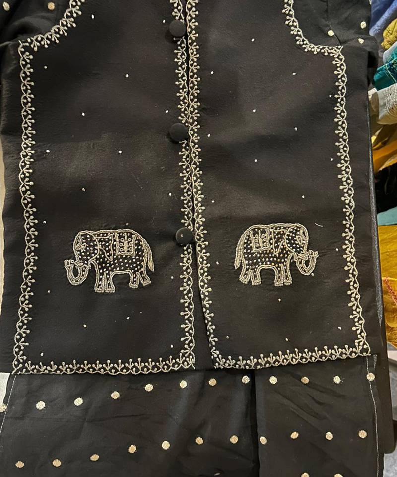 Black embroidered pure chanderi kurta jacket set