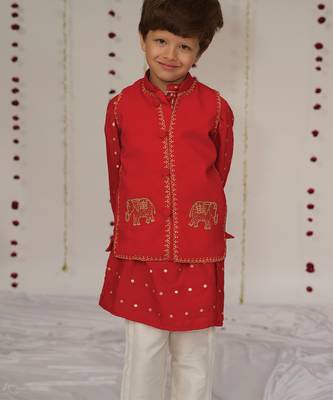 Red embroidered pure chanderi kurta jacket set 1