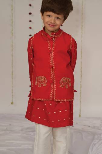 Red embroidered pure chanderi kurta jacket set