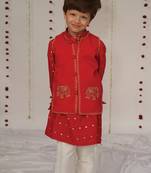 Red embroidered pure chanderi kurta jacket set