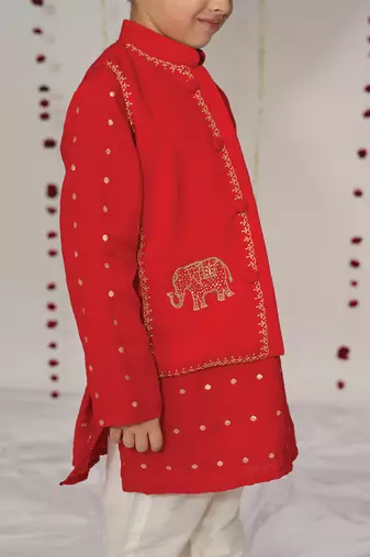 Red embroidered pure chanderi kurta jacket set