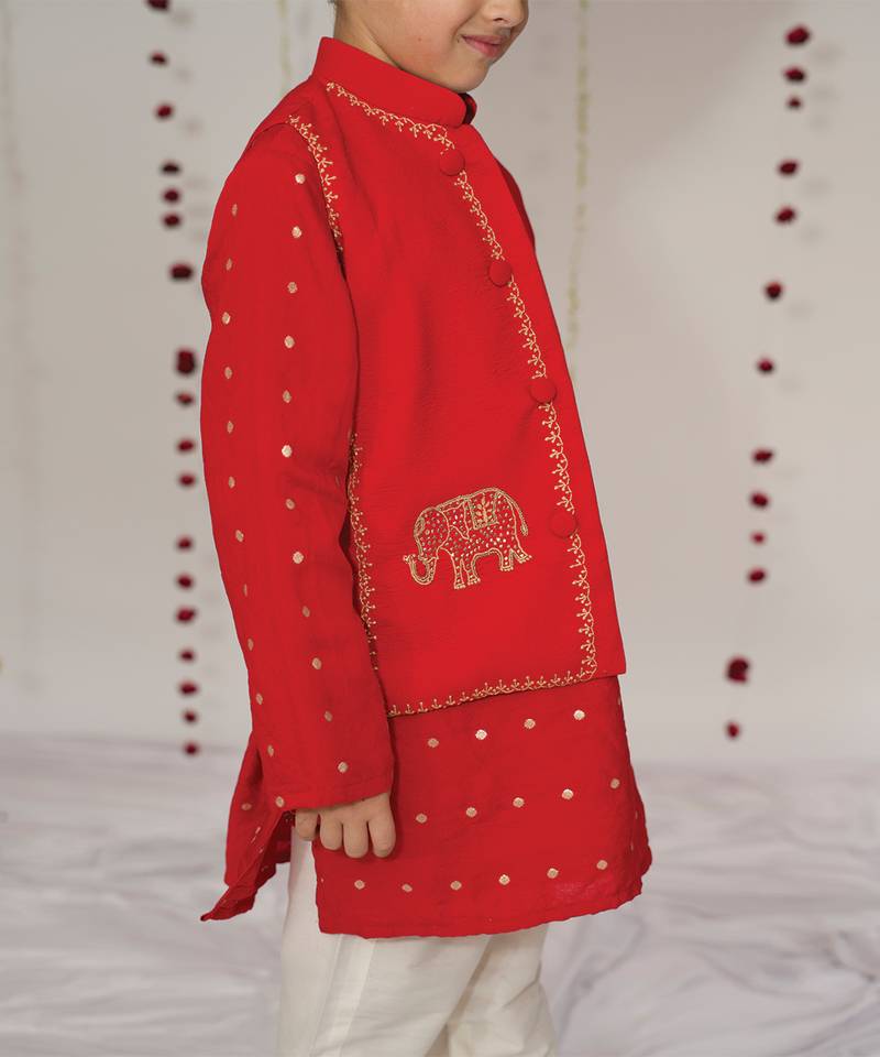 Red embroidered pure chanderi kurta jacket set