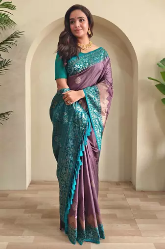 Dark onion pink art silk  woven saree