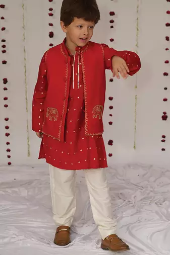 Red embroidered pure chanderi kurta jacket set