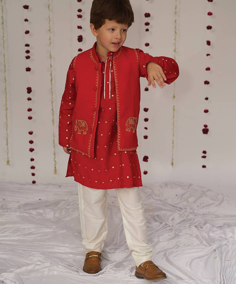 Red embroidered pure chanderi kurta jacket set