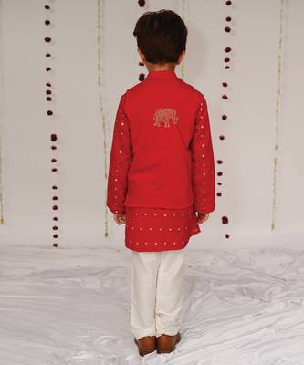 Red embroidered pure chanderi kurta jacket set 5
