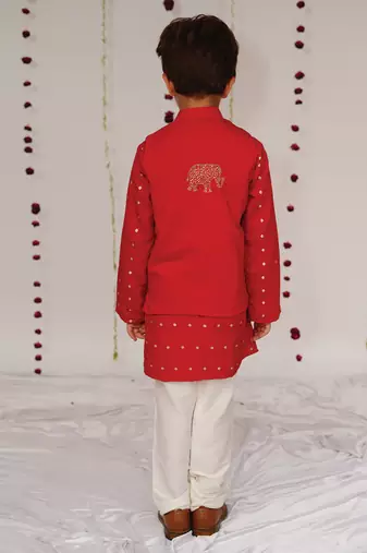 Red embroidered pure chanderi kurta jacket set