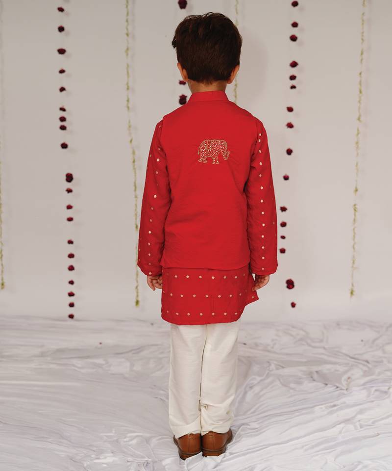 Red embroidered pure chanderi kurta jacket set